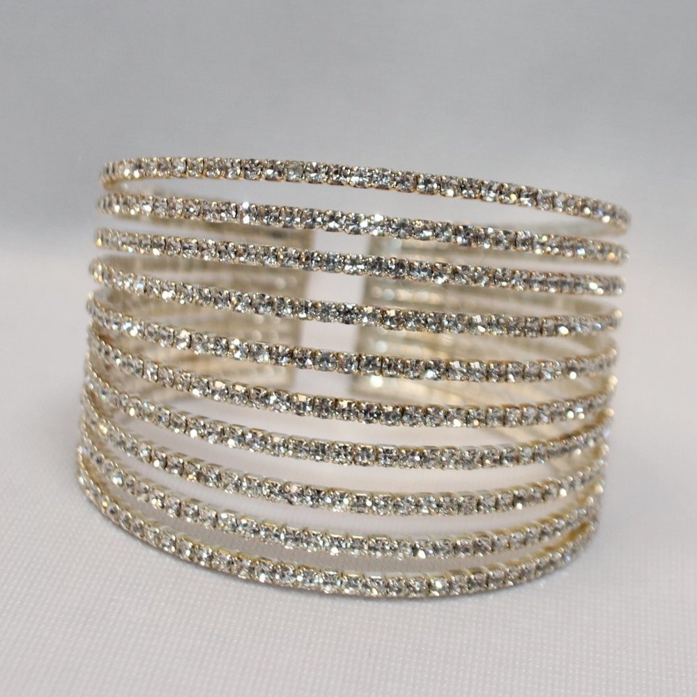 Layered 10 Row Rhinestone Cuff Bracelet - Picture 4 of 9